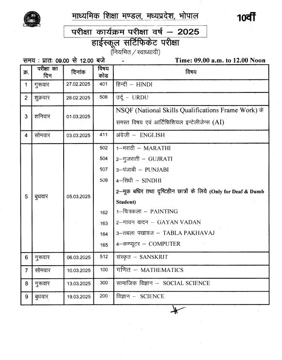 10th Exam Time Table