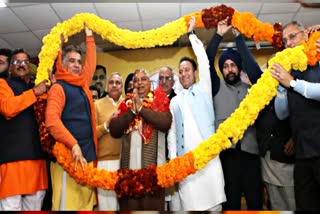 Sat Sharma was greeted by BJP workers after he was elected as state chief for Jammu and Kashmir