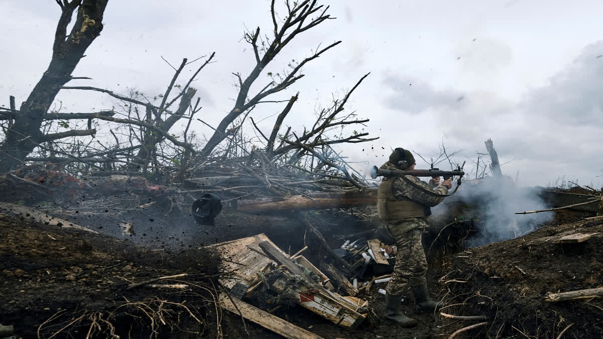 A Ukrainian soldier fires an RPG toward Russian positions at the frontline near Avdiivka, an eastern city where fierce battles against Russian forces have been taking place, in the Donetsk region, Ukraine, on April 28, 2023. Two years after Russia’s full-scale invasion captured nearly a quarter of the country, the stakes could not be higher for Kyiv. After a string of victories in the first year of the war, fortunes have turned for the Ukrainian military, which is dug in, outgunned and outnumbered against a more powerful opponent. (AP Photo)