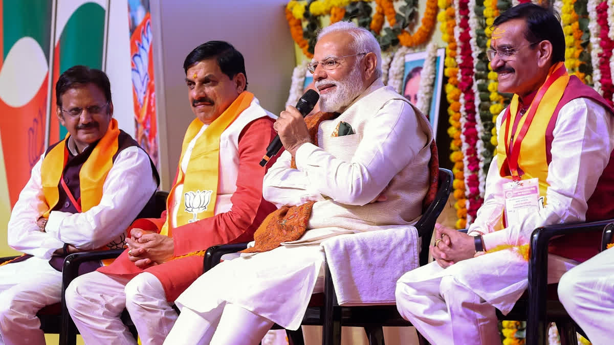 Prime Minister Narendra Modi speaks during a meeting with BJP MPs and MLAs from Madhya Pradesh, in Bhopal on Sunday. Madhya Pradesh Chief Minister Mohan Yadav, Party State President and MP VD Sharma and State Deputy CM Rajendra Shukla are also seen.