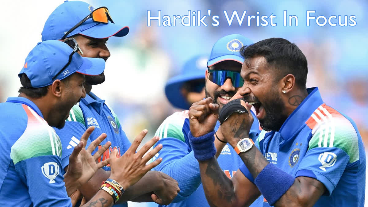 Cricketer Hardik Pandya  celebrates a wicket during the ICC Champions Trophy 2025 match against Pakistan in Dubai