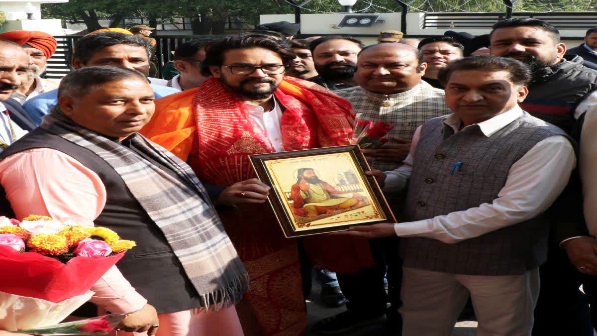 BJP MP Anurag Thakur being welcomed on his arrival at the party office in Jammu on Monday.