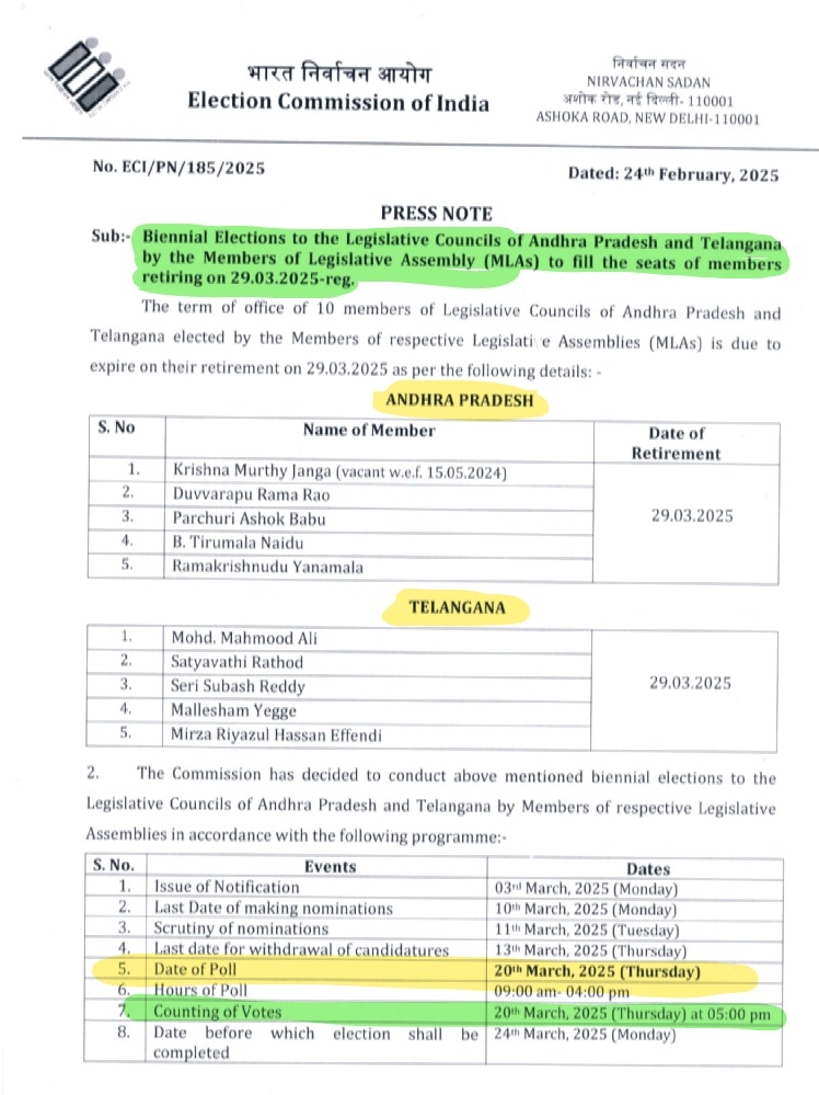 MLC Election Schedule