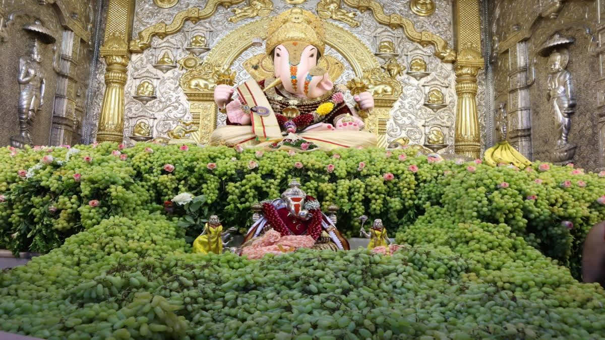 Shrimant Dagdusheth Halwai Ganpati Temple was decorated with 2,000 kilos of grapes on the eve of Holi on Sunday. People of Pune thronged the temple to see the decoration.