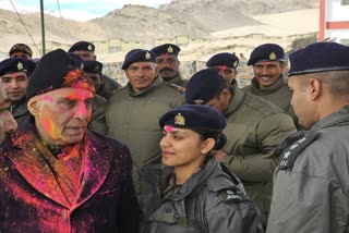 Defence minister Rajnath Singh celebrates Holi with army personnel in Leh