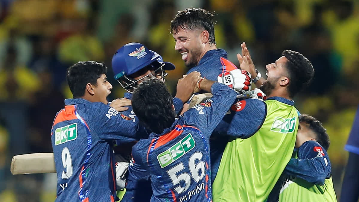 Lucknow Super Giants' team members lift Marcus Stoinis as they celebrate their win in the Indian Premier League cricket match between Chennai Super Kings and Lucknow Super Giants in Chennai, India, Tuesday, April 23, 2024.