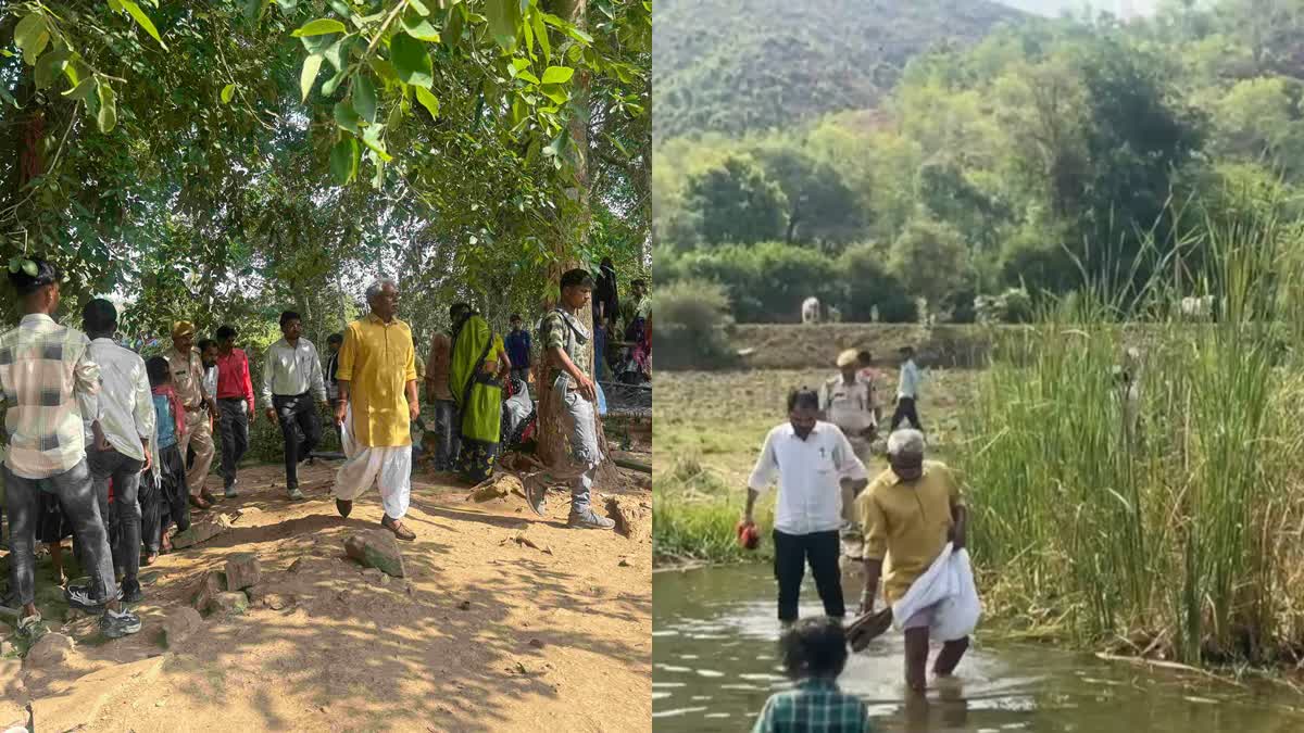 Rajasthan minister Babulal Kharadi (M) during an official visit to a tribal area on the left, and the minister crossing a stream barefoot during his visit to another tribal area