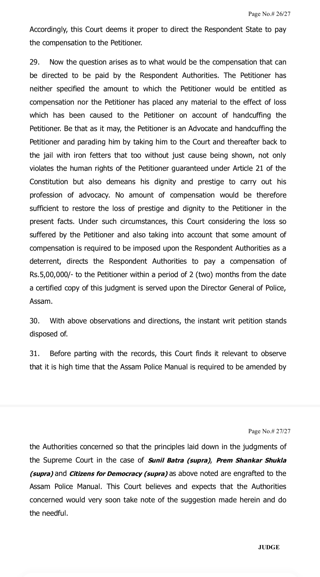 Reactions of senior advocate regarding the use of handcuffs by the police