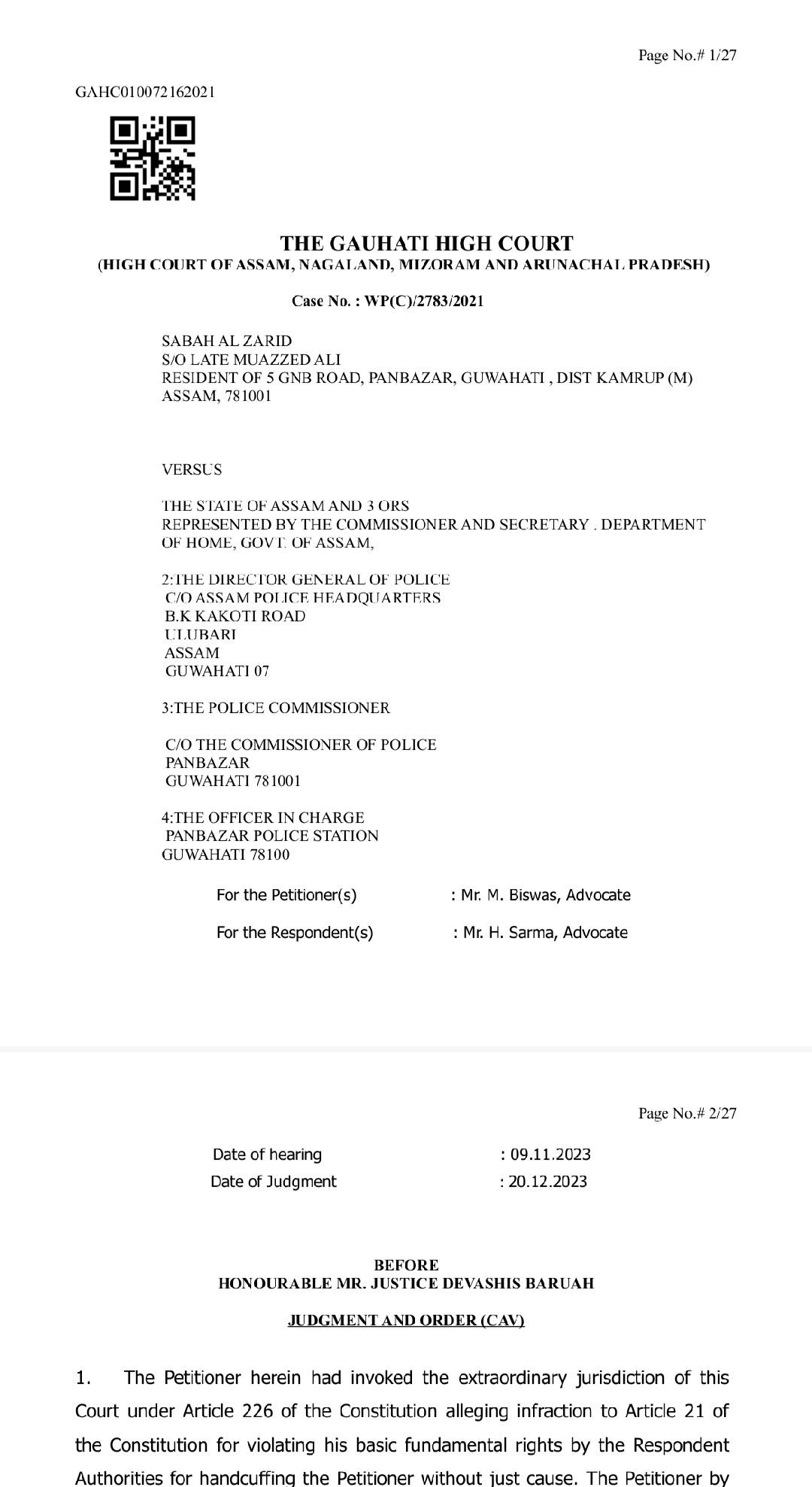 Reactions of senior advocate regarding the use of handcuffs by the police