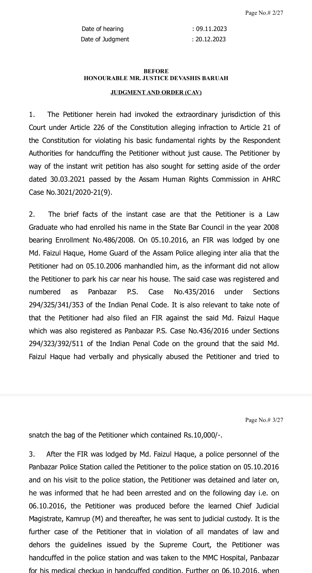 Reactions of senior advocate regarding the use of handcuffs by the police