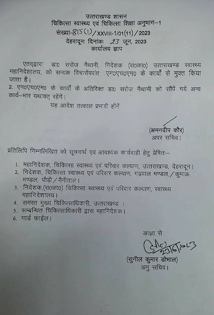 Uttarakhand Health Department removed NHM director