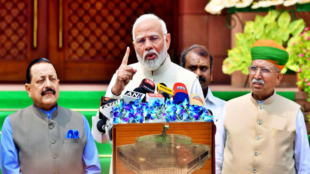 PM Narendra Modi addresses media before first session of 18th Lok Sabha, as Union Ministers Jitendra Singh, Arjun Ram Meghwal and L Murugan look on, at the Parliament House, in New Delhi on Monday, June 24 2024.