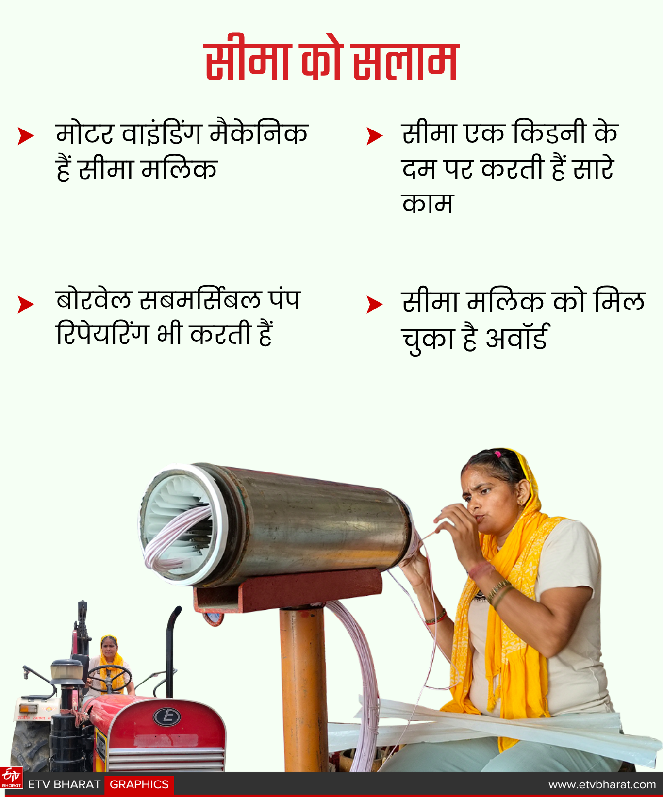 Success Story of Seema Malik from Kaithal female motor winding mechanic with one kidney Repair Borewell Submersible Pumps