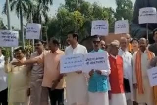 Rajashan BJP MPs protest outside Parliament against 'atrocities' against women in state