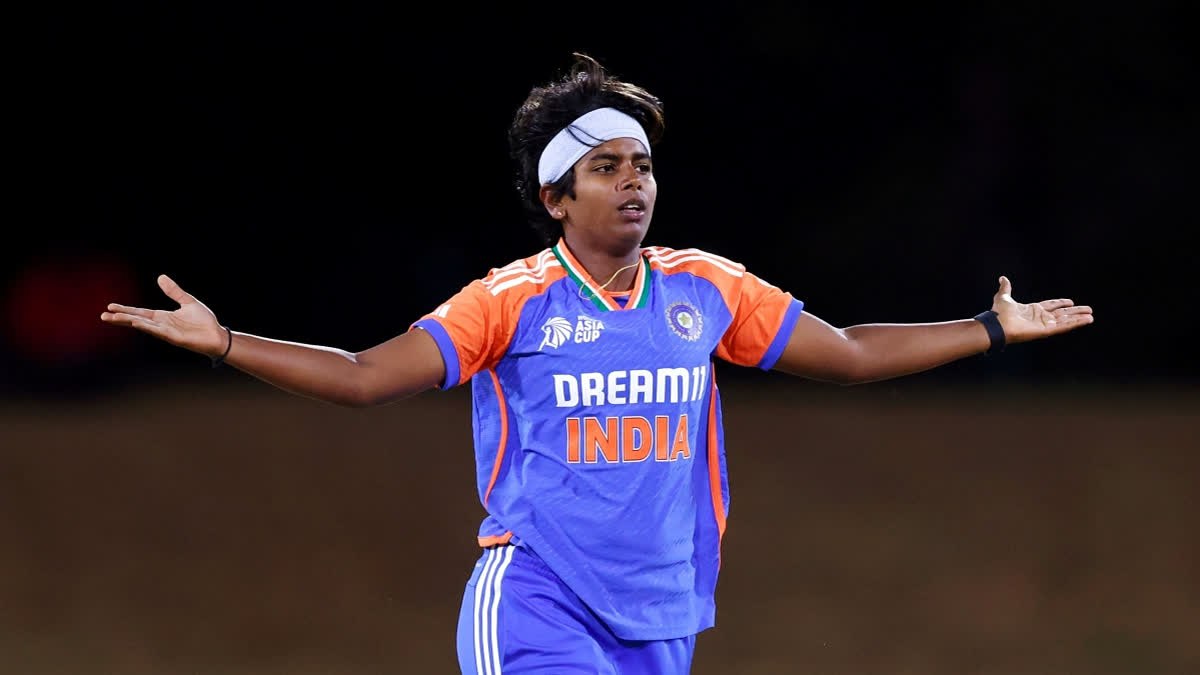 India Women's Arundhati Reddy celebrates the dismissal of Nepal Women's Samjhana Khadka during their Group A match in the Womens Asia Cup T20, 2024, at Rangiri Dambulla International Stadium in Dambulla on Tuesday.