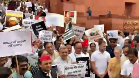 Opposition MPs, led by Mallikarjun Kharge, Sonia Gandhi, and Rahul Gandhi, staged a protest in Parliament against what they view as discriminatory treatment of opposition-ruled states in the Union Budget. They criticised the budget for favouring states like Andhra Pradesh and Bihar while neglecting others, calling it anti-people and deceptive.