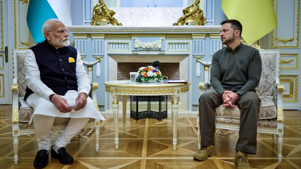 Prime Minister Narendra Modi meets with Ukrainian President Volodymyr Zelenskyy, at Mariinsky Palace, in Kyiv on Friday.