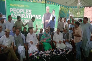 PDP President Mehbooba Mufti (C) talks to the media ahead of releasing party manifesto for J-K assembly polls, in Srinagar on Saturday, Aug 24, 2024