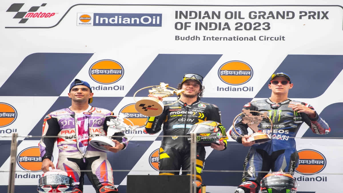 Marco Bezzecchi became the first MotoGP rider to win the inaugural Grand Prix of India riding the Mooney VR46 Racing Team to the top of the podium at the Buddh International Circuit in Greater Noida on Sunday.