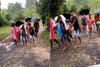 family carried patient on shoulders due to bad road in sundarpahari in Godda