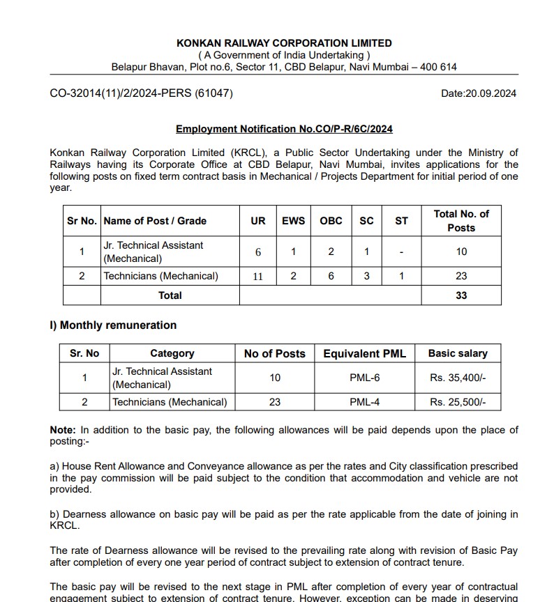 Konkan Railway Corporation Limited Recruitment for Technician Post