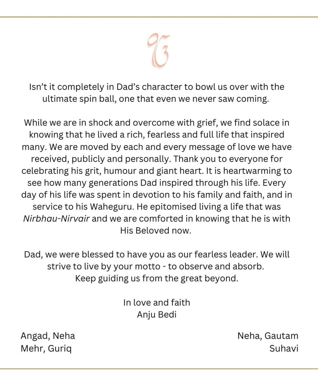 Angad Bedi, Neha Dhupia and family mourn demise of Bishan Singh Bedi