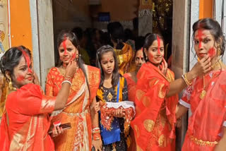 Women of Bengali community in Bokaro bid farewell to Maa Durga by playing vermillion