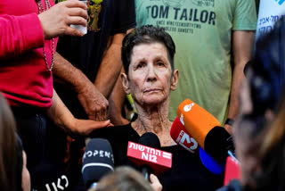 Yocheved Lifshitz, 85, who was held hostage in Gaza after being abducted during Hamas' bloody Oct. 7 attack on Israel, speaks to members of the press a day after being released by Hamas militants, at Ichilov Hospital in Tel Aviv, Israel, Tuesday, Oct. 24, 2023. (AP Photo)