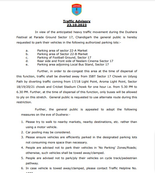 Dussehra 2023 Chandigarh Traffic Police issued traffic advisory