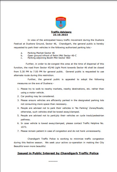 Dussehra 2023 Chandigarh Traffic Police issued traffic advisory