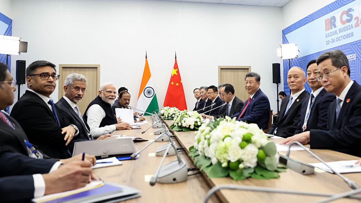 PM Narendra Modi in a bilateral meeting with Chinese President Xi Jinping on the sidelines of the BRICS Summit in Kazan, Russia.