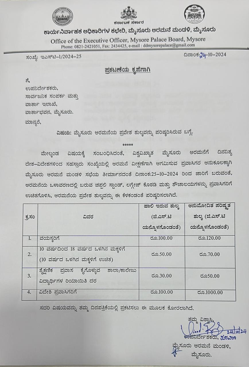 Mysuru Palace Entry Fee Increase