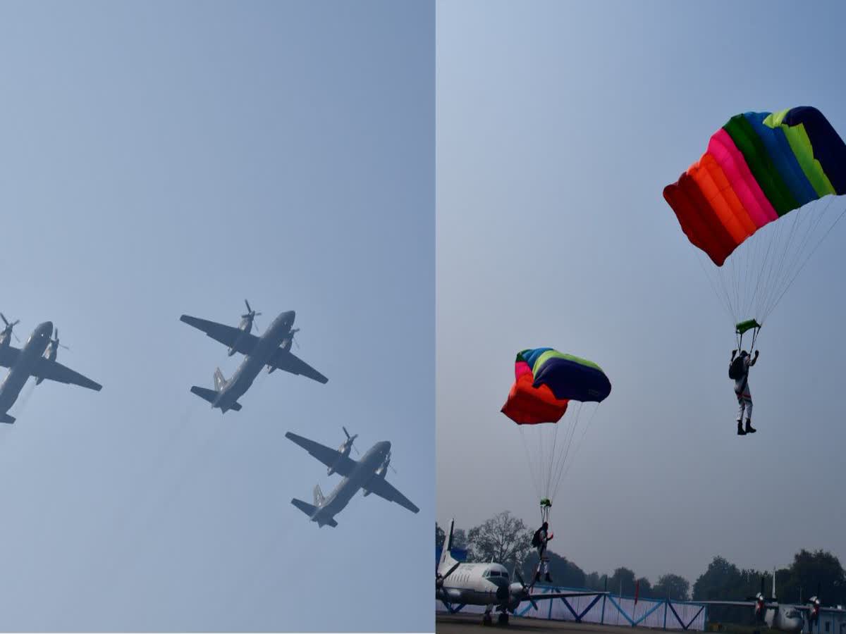फाइटर विमानों और 42 पैराट्रूपर्स ने आसमान में दिखाए हैरतअंगेज कारनामे, आप भी देखें, fighter-planes-and-paratroopers-performed-feats-in-sky-at-platinum-jubilee-celebrations-of-chakeri ...