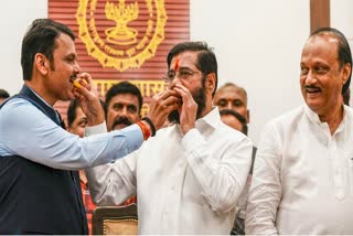 Maharashtra Chief Minister Eknath Shinde with Deputy Chief Ministers Devendra Fadnavis and Ajit Pawar celebrates the BJP-led Mahayuti alliance's lead amid the counting of votes for the Maharashtra Assembly elections, at CM's official residence 'Varsha' in Mumbai, Saturday, Nov. 23, 2024.