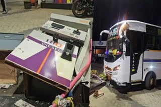 staff injured after bus ran over to petrol pump  tourist bus ran over to petrol pump Kozhikode  tourist bus accident kozhikode  ടൂറിസ്റ്റ് ബസ് പെട്രോൾ പമ്പിലേക്ക് ഇടിച്ചു കയറി  നിയന്ത്രണം വിട്ട ടൂറിസ്റ്റ് ബസ്  ടൂറിസ്റ്റ് ബസ് അപകടം