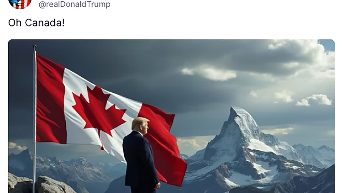 This screenshot from Donald Trump's Truth Social account shows am image of President-elect Donald Trump standing beside a Canadian flag. Trump’s recent summit with Canadian Prime Minister Justin Trudeau and visit to Paris for the reopening of the Notre Dame Cathedral were not just exercises in negotiating trade policy and diplomacy. For Trump, they’ve also become fodder for trolling.