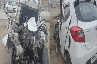 A head-on collision between a car and a tipper