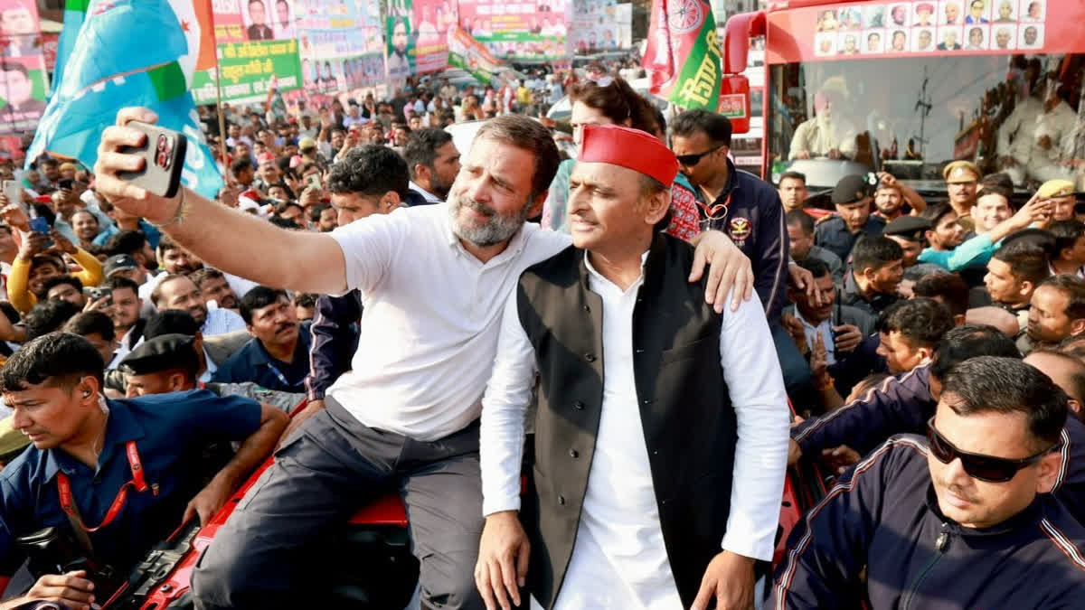 On 43rd day of Bharat Jodo Nyay Yatra, the highlight was the visible bonhomie between Congress leader Rahul Gandhi and Samajwadi Party leader Akhilesh Yadav who addressed crowds in Agra. Congress, on its official X handle, shared pictures of the two leaders posing together for a selfie on top of a jeep.