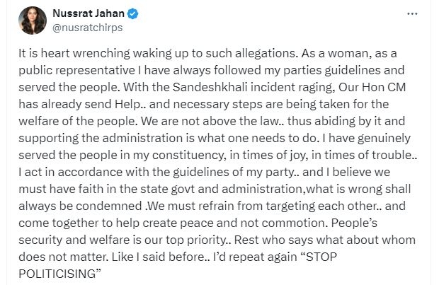 Nusrat Jahan X post regarding Sandeshkhali