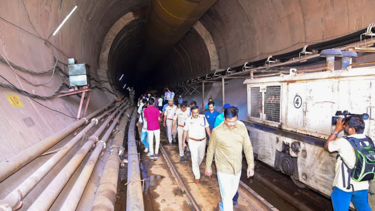 Rescue operations underway after a section of the Srisailam Left Bank Canal (SLBC) project collapsed, in Nagarkurnool district, Sunday, Feb. 23, 2025. Eight workers are feared trapped.