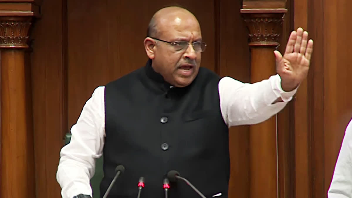 Delhi Assembly Speaker Vijender Gupta conducts the proceedings of the house during the first session of the Delhi Assembly, at Vidhan Sabha in New Delhi