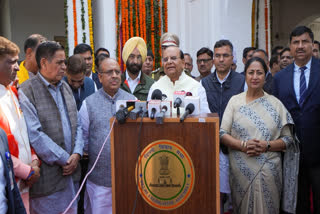 Lieutenant Governor VK Saxena speaks to the media after addressing the first session of Delhi Assembly.