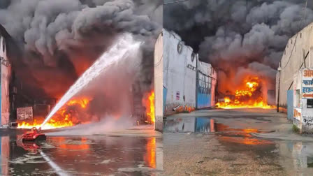 Clouds of smoke in the sky due to a terrible fire in a warehouse in Delhi