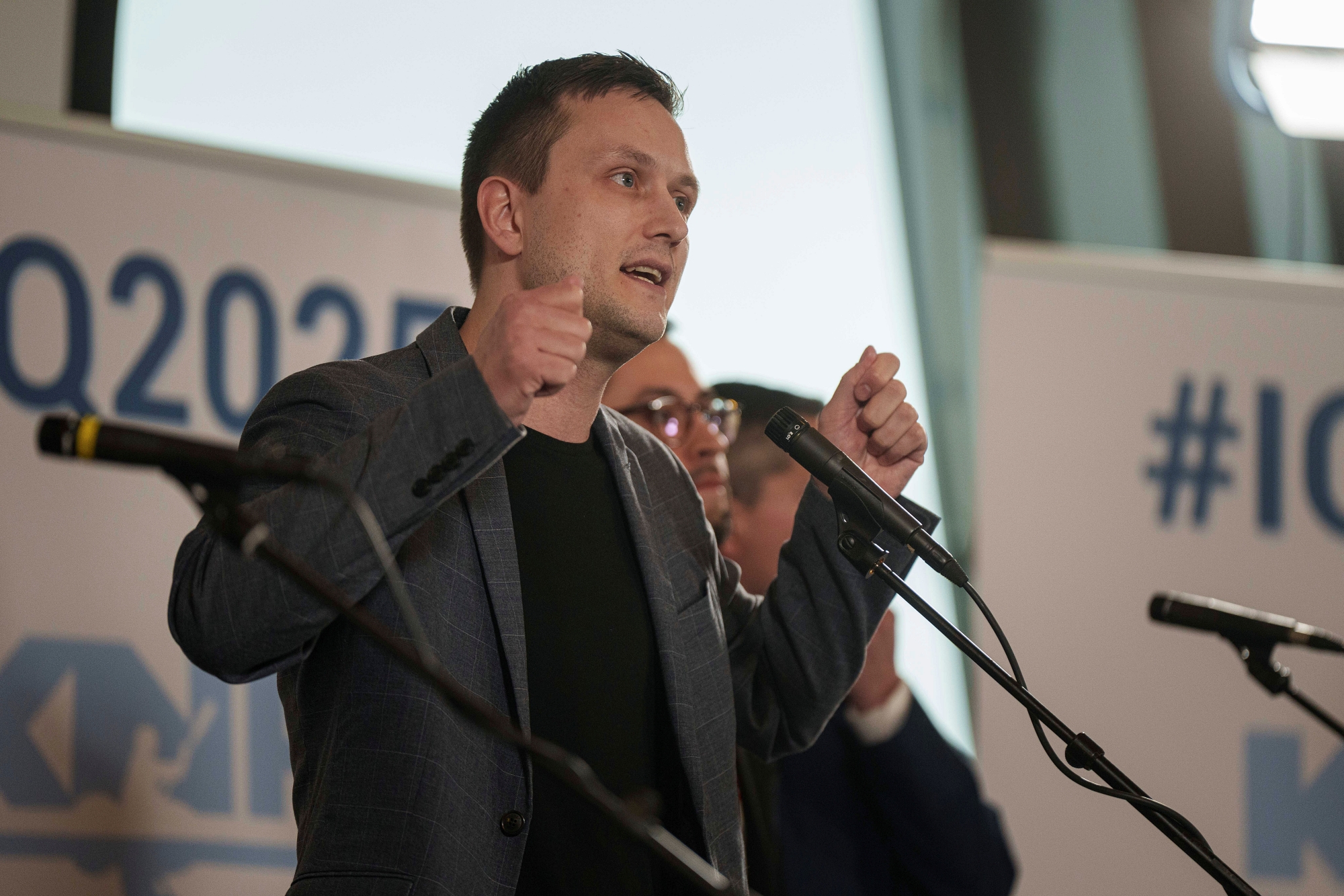 Jens-Frederik Nielsen, leader of the Demokraatit party participates a TV debates before the upcoming elections in Nuuk, Greenland, March 8, 2025.