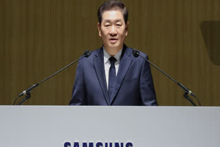 Han Jong-Hee, a senior Samsung Electronics executive credited with elevating the South Korean tech giant's TV business to global leadership, speaks during the company's annual general meeting at the Suwon Convention Center in Suwon, South Korea, Wednesday, March 19, 2025.