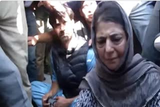 PDP President Mehbooba Mufti (R) along with party leaders holds sit in against alleged detention of PDP polling agents ahead of voting for Anantnag-Rajouri Lok Sabha seat, on Saturday May 25, 2024