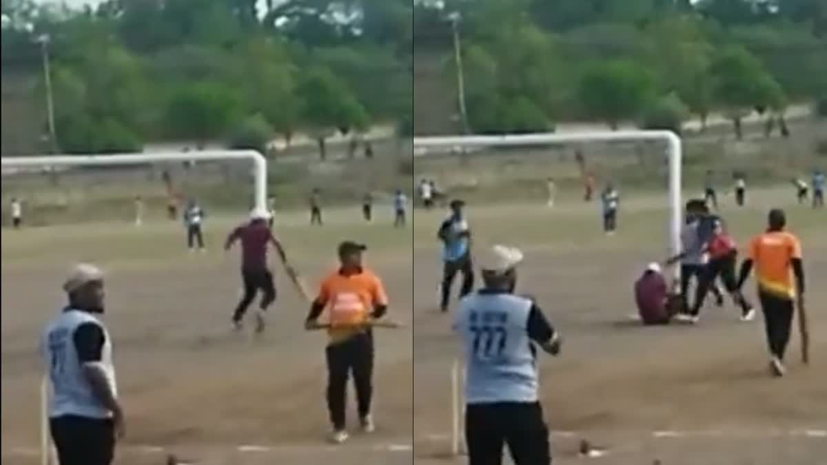 Batsman Collides With Goalpost  viral video  cricket viral video  Kapil Dev  ക്രിക്കറ്റ് വൈറല്‍ വീഡിയോ  കപില്‍ ദേവ്  ക്രിക്കറ്റ് വീഡിയോ
