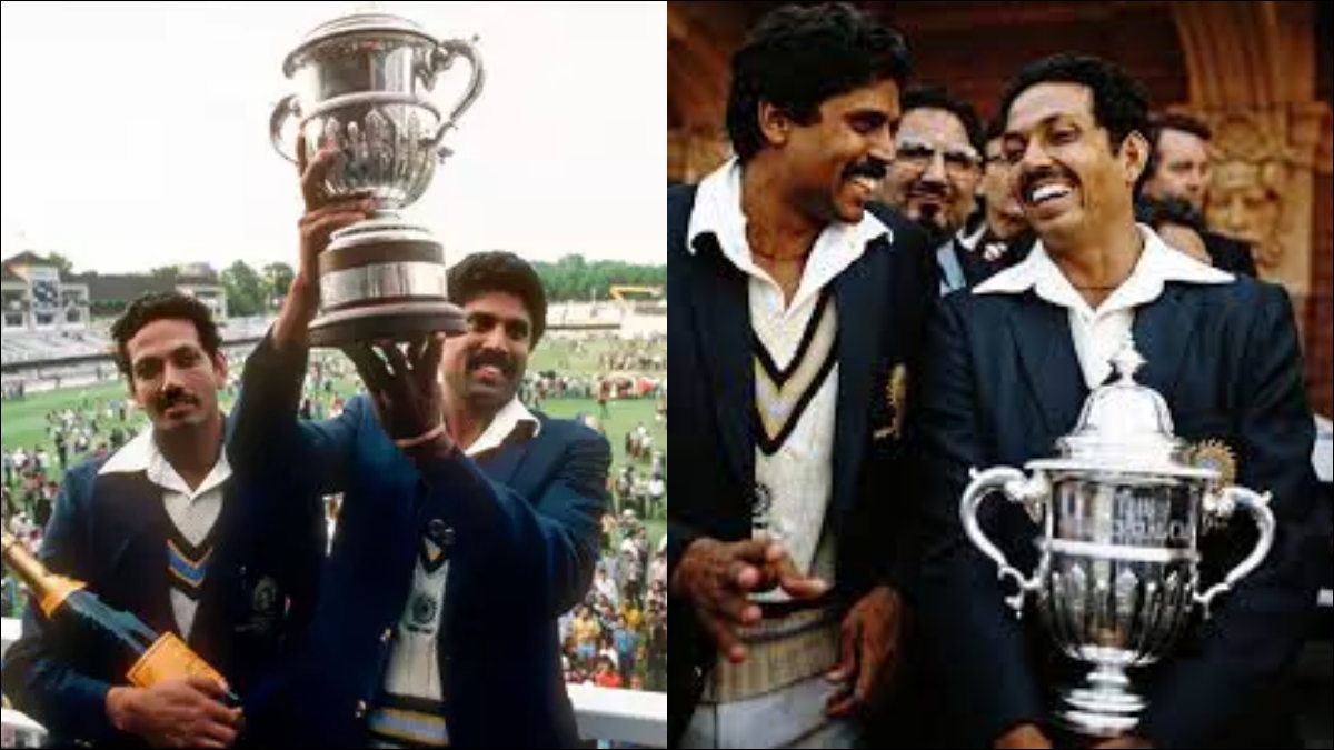 Former Indian captain lifting trophy after winning ODI World Cup 1983.