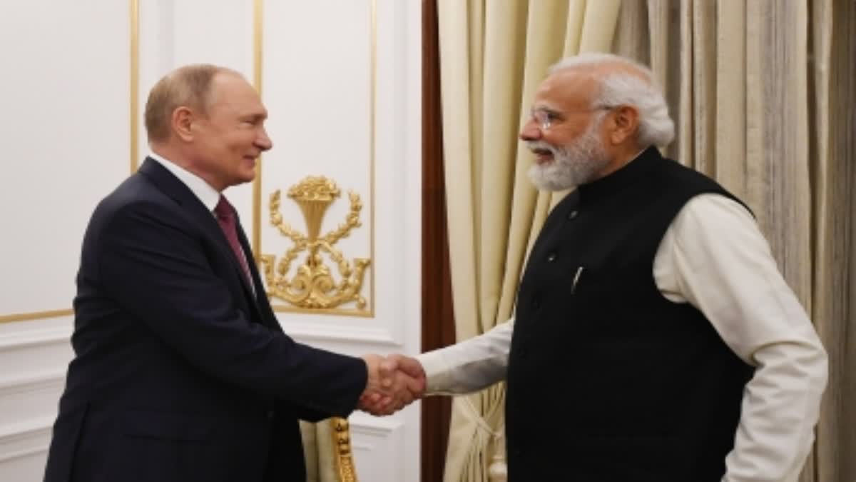 Prime Minister Narendra Modi during a meeting with the President of Russian Federation, Vladimir Putin, at Hyderabad House in New Delhi.