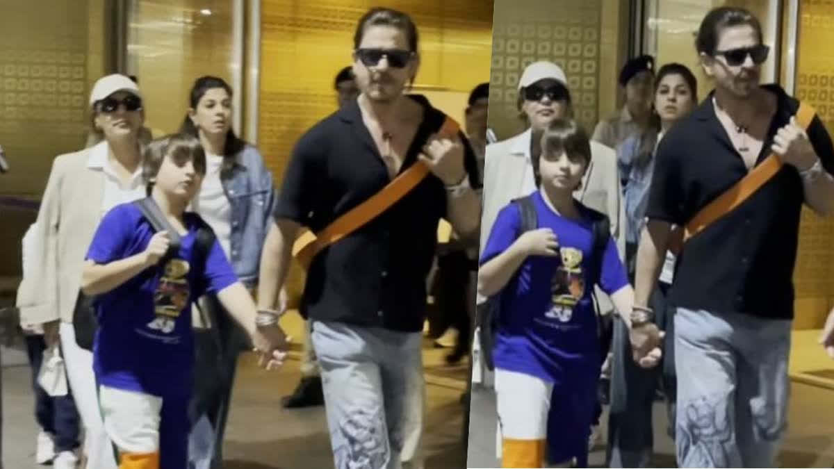 King Khan is back in town! Shah Rukh Khan returns to Mumbai with his stunning wife Gauri and adorable son AbRam, after a fun-filled family vacation in the UK. The stylish trio makes a head-turning appearance at the airport, captivating the paparazzi with their chic looks. Catch the Khan family's glamorous airport spotting in the video below.